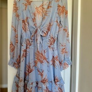 Floral Print Women's Dress - Blue and Orange